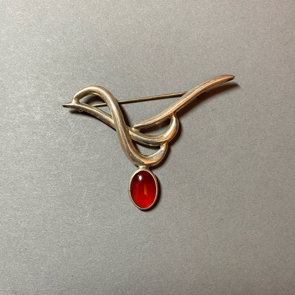 Elegant sterling Silver and Red carnelian abstract bird Brooch
